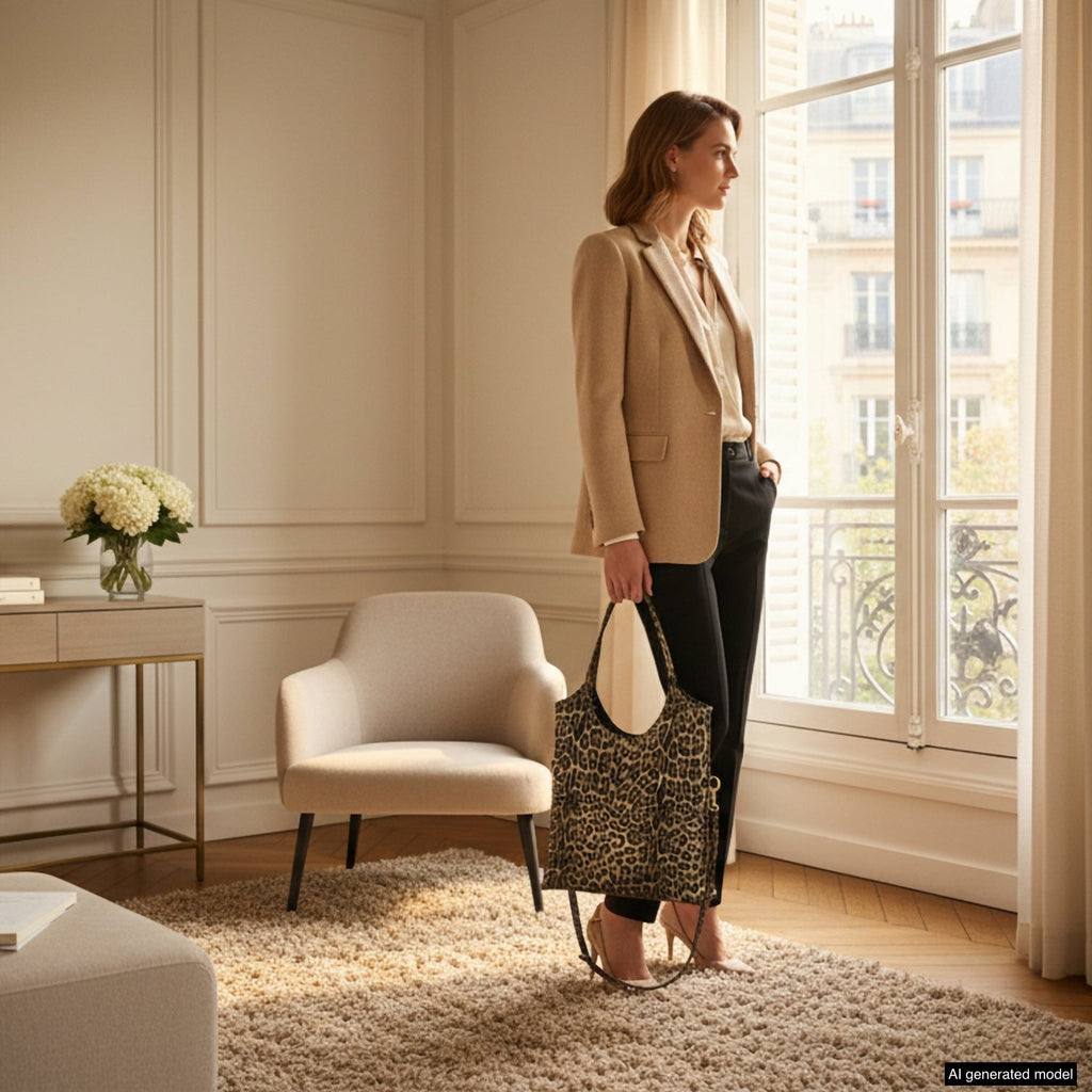 Italian Genuine Leopard-Print Metallic Suede Tote Bag | Catania