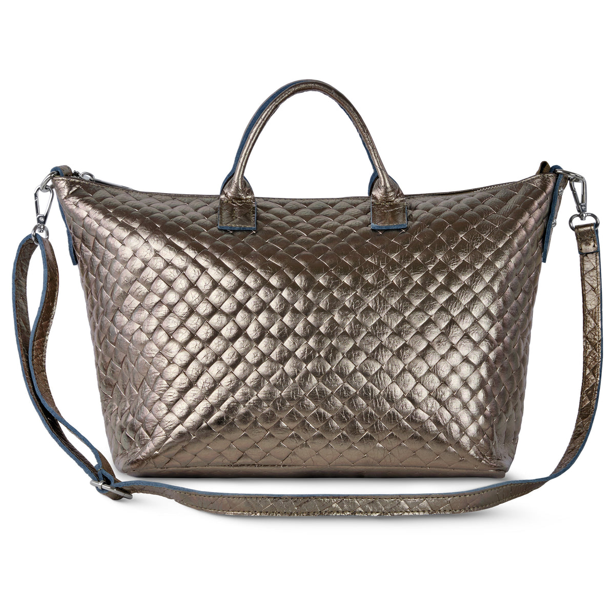 Italian Genuine Woven-Embossed Metallic Suede Top-Handle Bag | Urbino