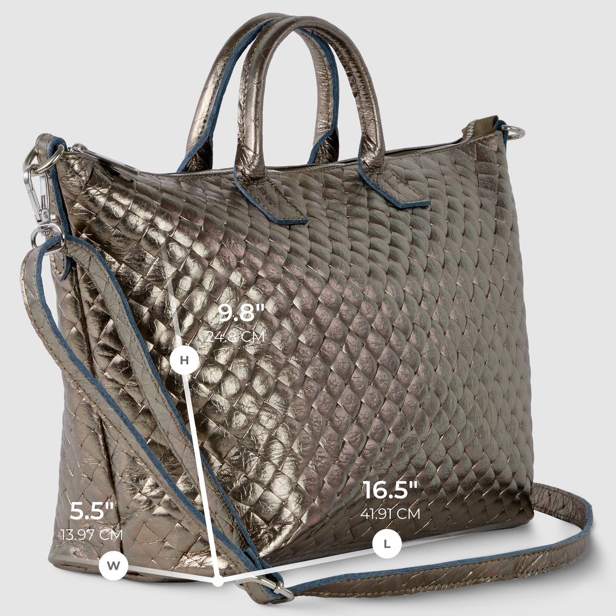 Italian Genuine Woven-Embossed Metallic Suede Top-Handle Bag | Urbino
